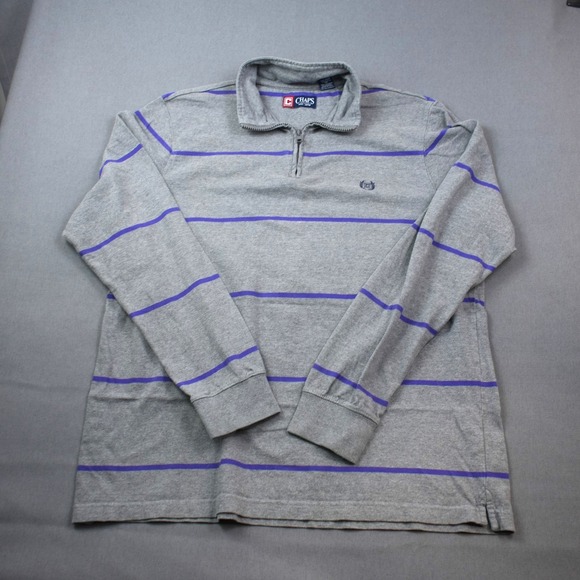 Chaps Mens Log Sleeve Polo Rugby Gray Striped Long Sleeve 1/4 Zip Pullover Shirt - Picture 2 of 10
